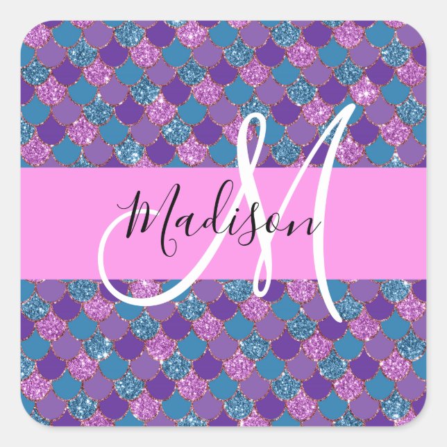 Glam Purple Mermaid Glitter Sparkles Monogram Name Square Sticker (Front)