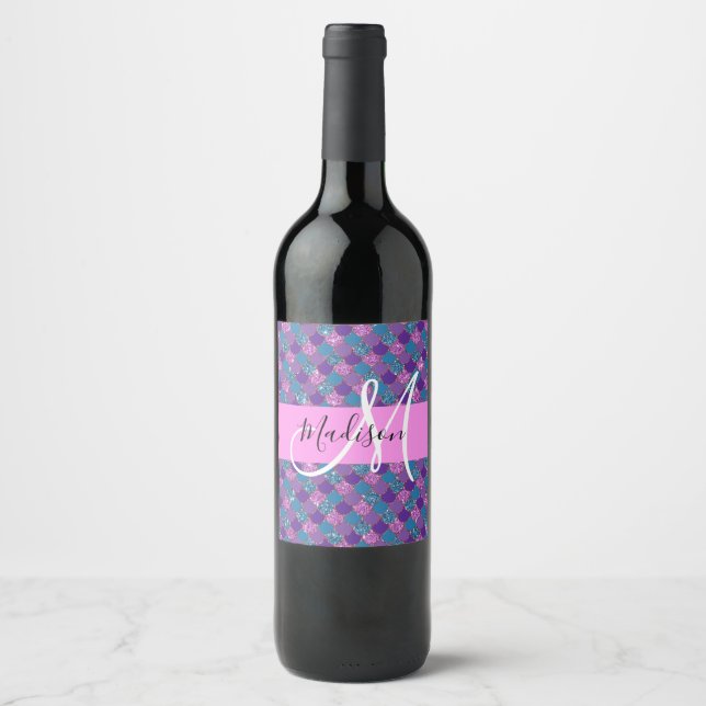 Glam Purple Mermaid Glitter Sparkles Monogram Name Wine Label (Front)