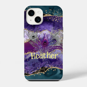 Glam Purple Peacock Agate Feathered iPhone 14 Case