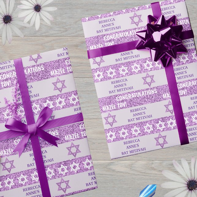 Glam Purple Personalised Jewish Girl Bat Mitzvah Wrapping Paper (Special gift wrap for that special girl and her Bat Mitzvah gift)