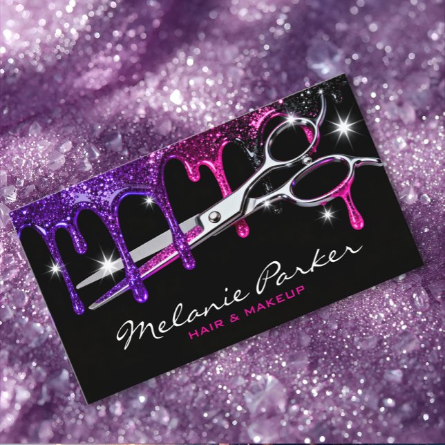 Glam Purple Pink Glitter Drip Hair Stylist  Business Card (Creator Uploaded)