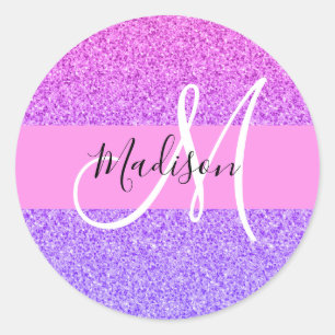 Glam Purple Pink Glitter Sparkle Gradient Monogram Classic Round Sticker