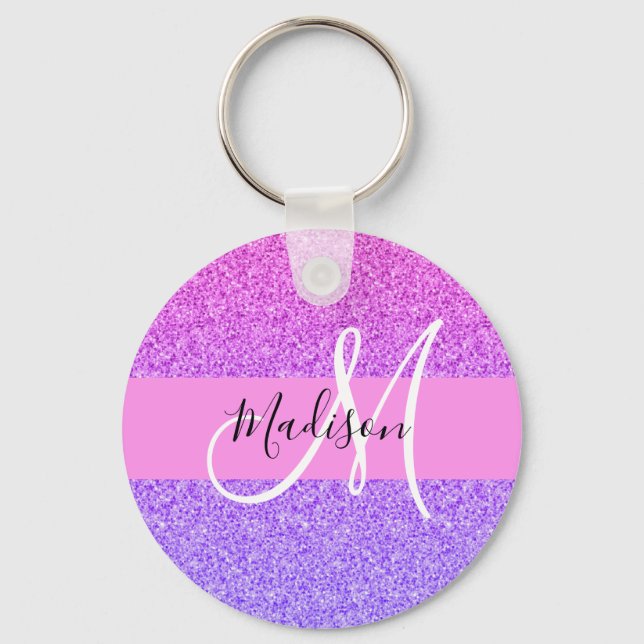 Glam Purple Pink Glitter Sparkle Gradient Monogram Key Ring (Front)