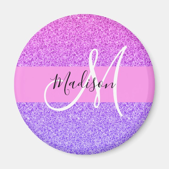 Glam Purple Pink Glitter Sparkle Gradient Monogram Magnet (Front)