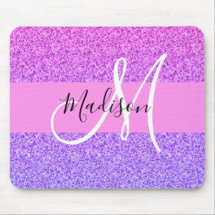 Glam Purple Pink Glitter Sparkle Gradient Monogram Mouse Mat