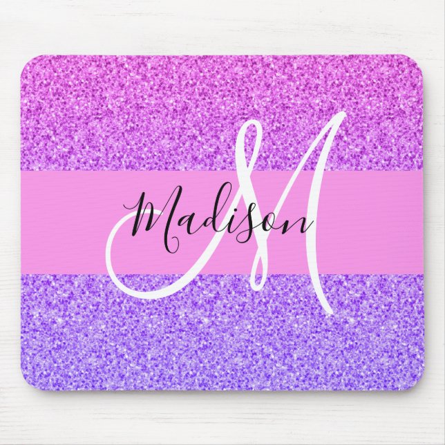 Glam Purple Pink Glitter Sparkle Gradient Monogram Mouse Mat (Front)