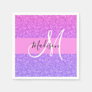 Glam Purple Pink Glitter Sparkle Gradient Monogram Napkin