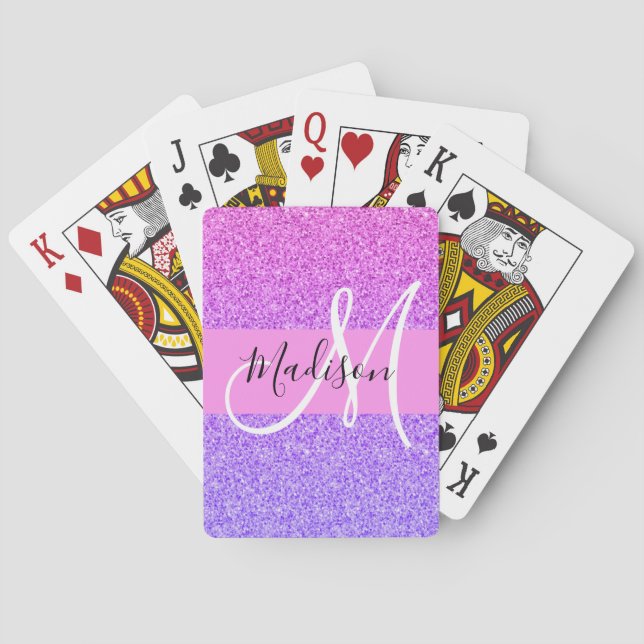 Glam Purple Pink Glitter Sparkle Gradient Monogram Playing Cards (Back)
