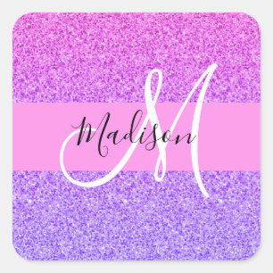 Glam Purple Pink Glitter Sparkle Gradient Monogram Square Sticker