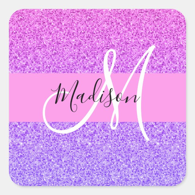Glam Purple Pink Glitter Sparkle Gradient Monogram Square Sticker (Front)
