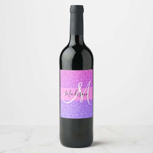 Glam Purple Pink Glitter Sparkle Gradient Monogram Wine Label (Front)