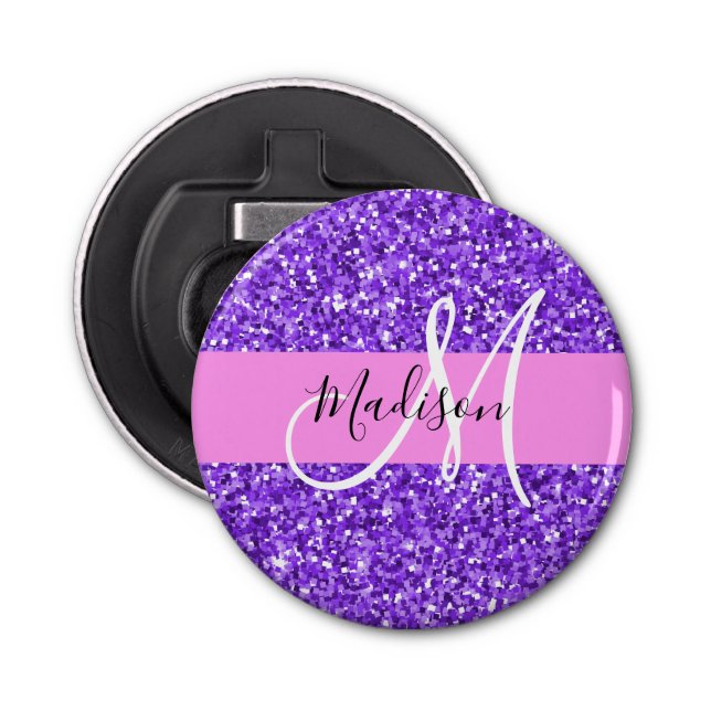 Glam Purple & Pink Glitter Sparkle Monogram Name Bottle Opener (Front)