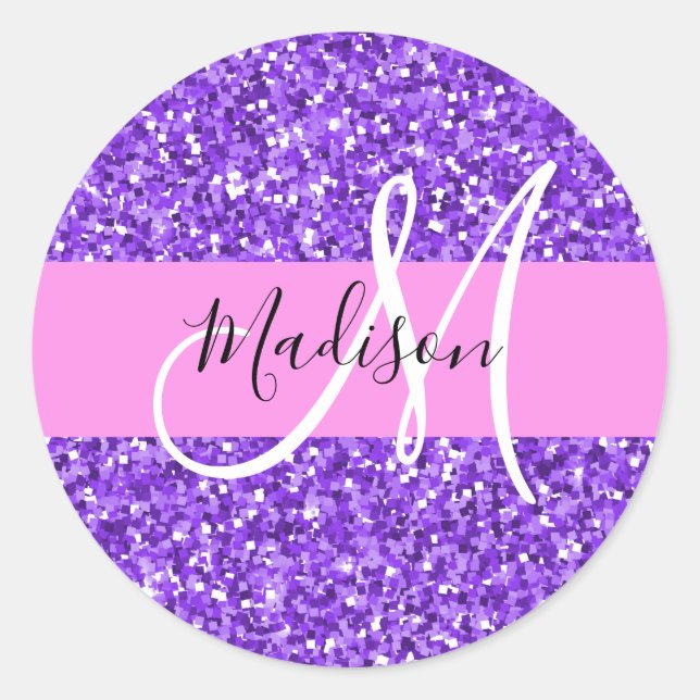 Glam Purple & Pink Glitter Sparkle Monogram Name Classic Round Sticker (Front)