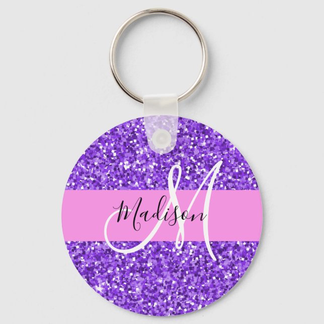 Glam Purple & Pink Glitter Sparkle Monogram Name Key Ring (Front)