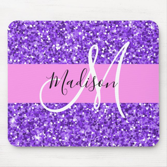 Glam Purple & Pink Glitter Sparkle Monogram Name Mouse Mat (Front)