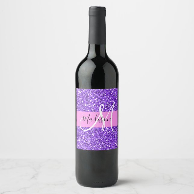 Glam Purple & Pink Glitter Sparkle Monogram Name Wine Label (Front)