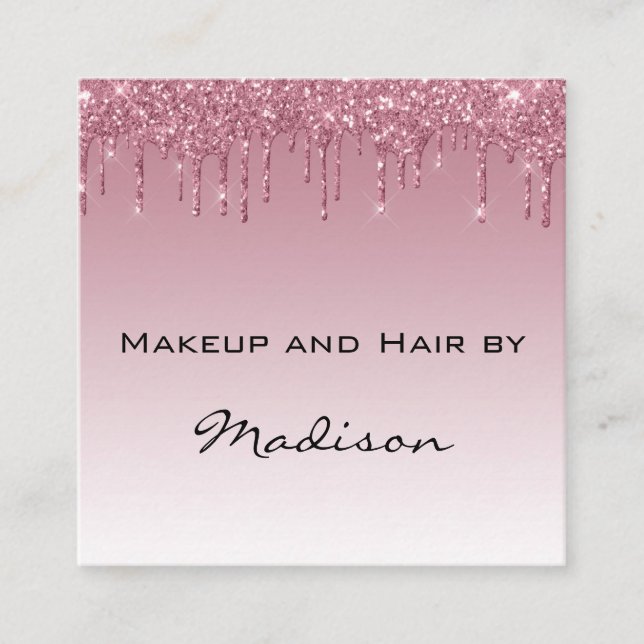 Glam Purple Rose Gold Glitter Drips Makeup Artist Square Business Card (Front)