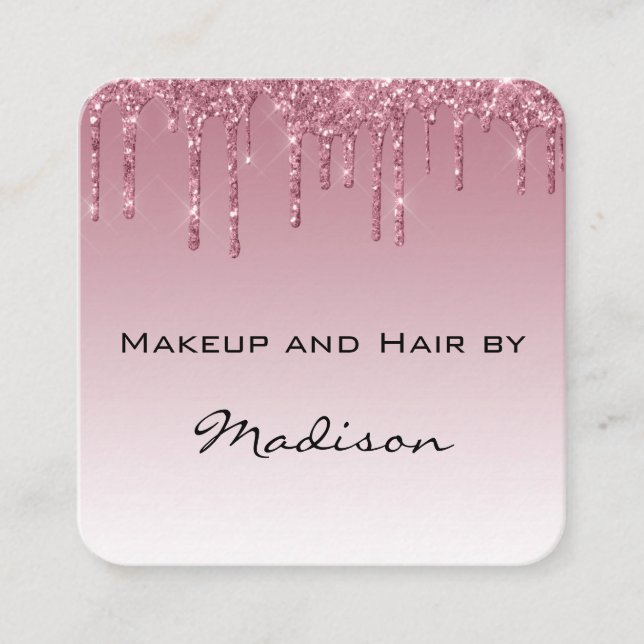 Glam Purple Rose Gold Glitter Drips Makeup Artist Square Business Card (Front)