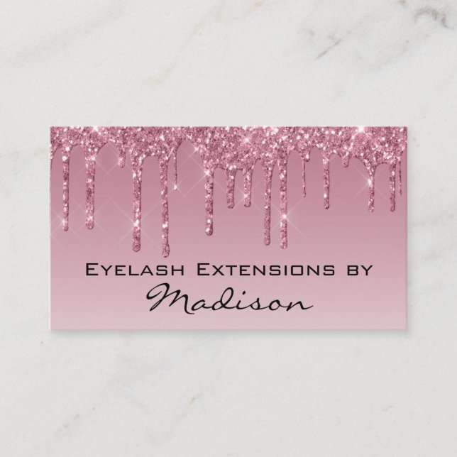 Glam Purple Rose Gold Glitter Drips Makeup Eyelash Business Card (Front)