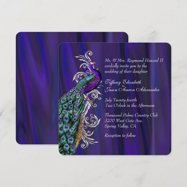 Glam Purple Satin and Peacock Wedding Invitation (Front/Back)