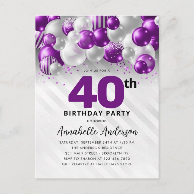 Glam Purple Silver Balloon Glitter 40th Birthday  Postcard (Front)