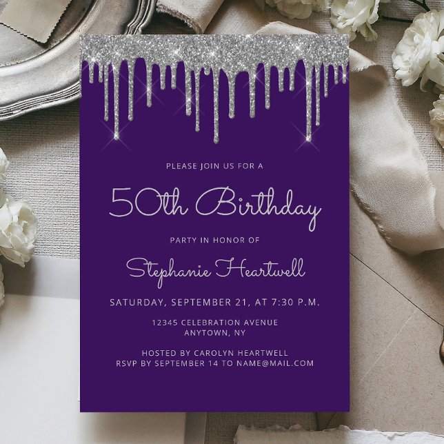 Glam Purple Silver Glitter Drip 50th Birthday Invitation (Creator Uploaded)