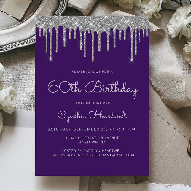 Glam Purple Silver Glitter Drip 60th Birthday Invitation (Creator Uploaded)