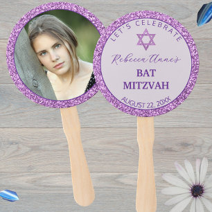 Glam Purple Trendy Girl Photo Bat Mitzvah Party Hand Fan