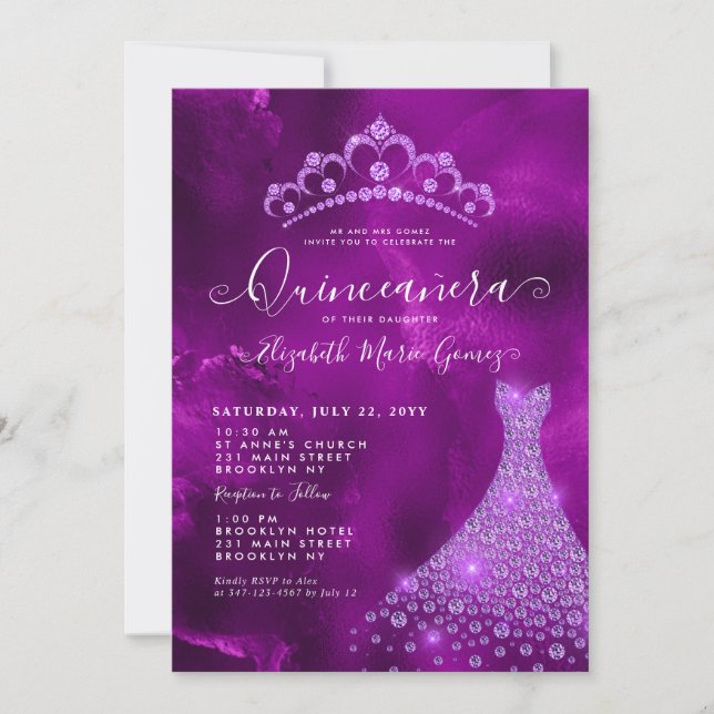 Glam Purple Violet Diamond Tiara Dress Quinceanera Invitation (Front)