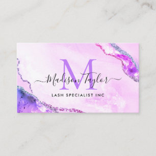 Glam Purple Violet Glitter Marble Agate Monogram Business Card