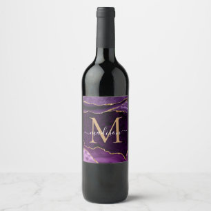 Glam Purple Violet Gold Agate Geode Chic Monogram Wine Label