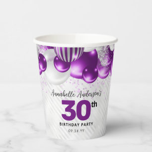 Glam Purple Violet Silver Balloon Glitter Birthday Paper Cups