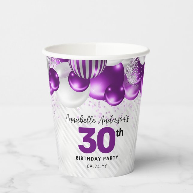 Glam Purple Violet Silver Balloon Glitter Birthday Paper Cups (Left)