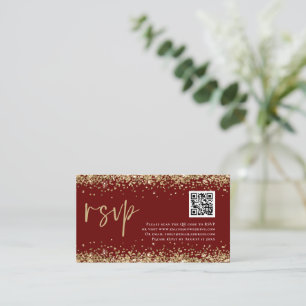 Glam QR Code Gold Glitter Wedding Burgundy RSVP Enclosure Card