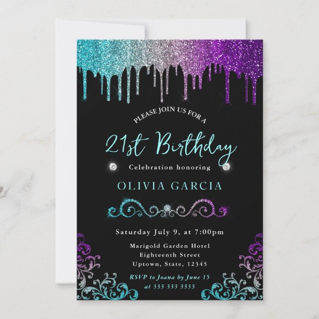 Glam Rainbow Glitter 21st Birthday Invitation (Front)