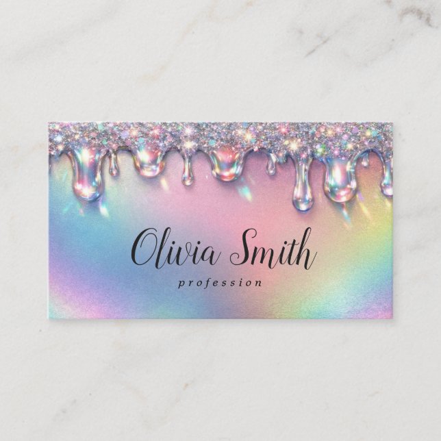 Glam Rainbow Glitter Drip Script Design Business Card (Front)