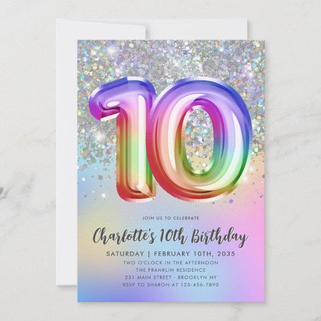 Glam Rainbow Glitter Foil Balloon 10th Birthday Invitation (Front)