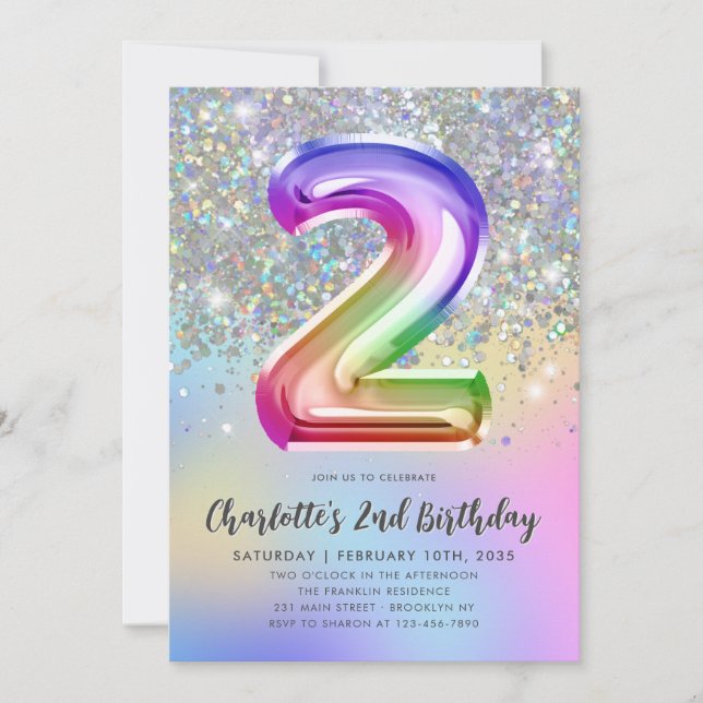 Glam Rainbow Glitter Foil Pastel Girl 2nd Birthday Invitation (Front)