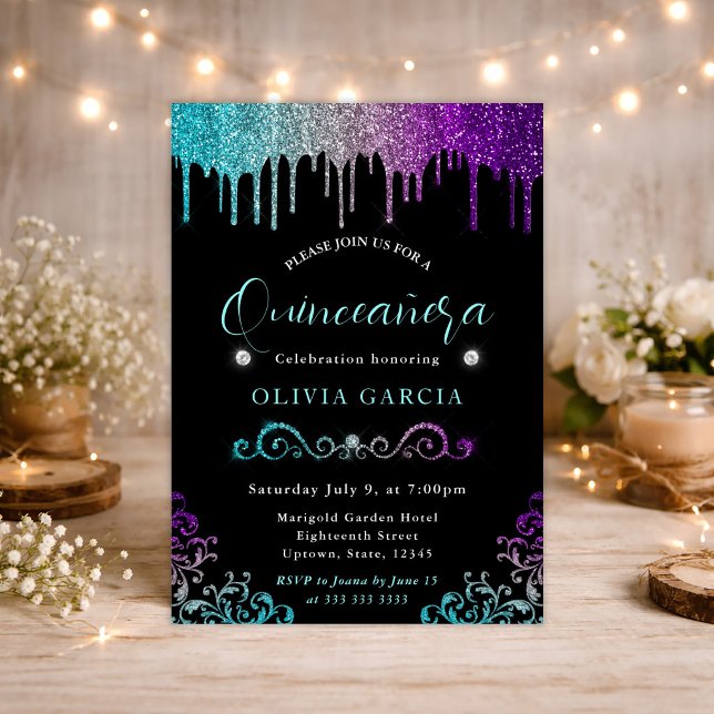 Glam Rainbow Gradient Glitter Quinceanera Invitation (Creator Uploaded)