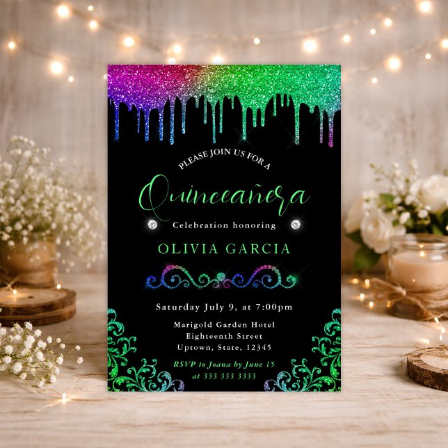 Glam Rainbow Gradient Glitter Quinceanera Invitation (Creator Uploaded)