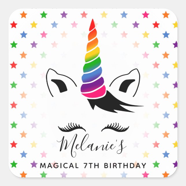 Glam Rainbow Unicorn Birthday Party Square Sticker (Front)