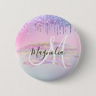Glam Rainbow Unicorn Ombre Glitter Pink Monogram 6 Cm Round Badge