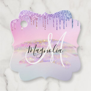 Glam Rainbow Unicorn Ombre Glitter Pink Monogram Favour Tags