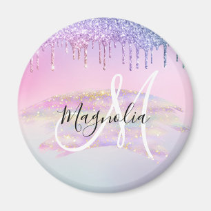 Glam Rainbow Unicorn Ombre Glitter Pink Monogram Magnet