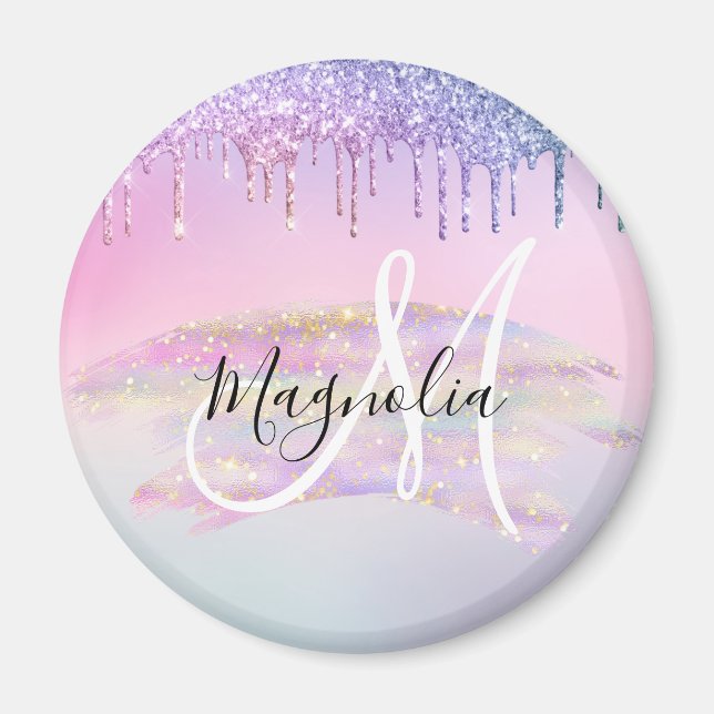 Glam Rainbow Unicorn Ombre Glitter Pink Monogram Magnet (Front)