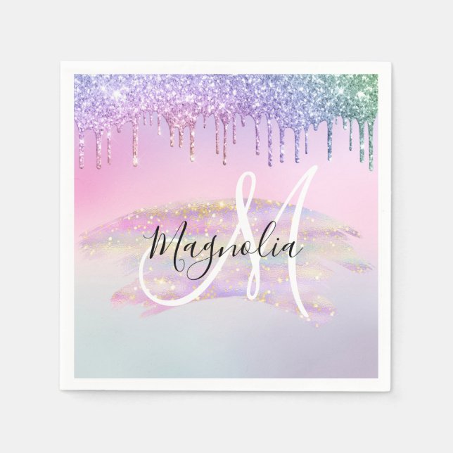 Glam Rainbow Unicorn Ombre Glitter Pink Monogram Napkin (Front)
