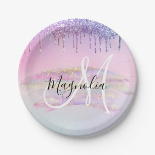 Glam Rainbow Unicorn Ombre Glitter Pink Monogram Paper Plate