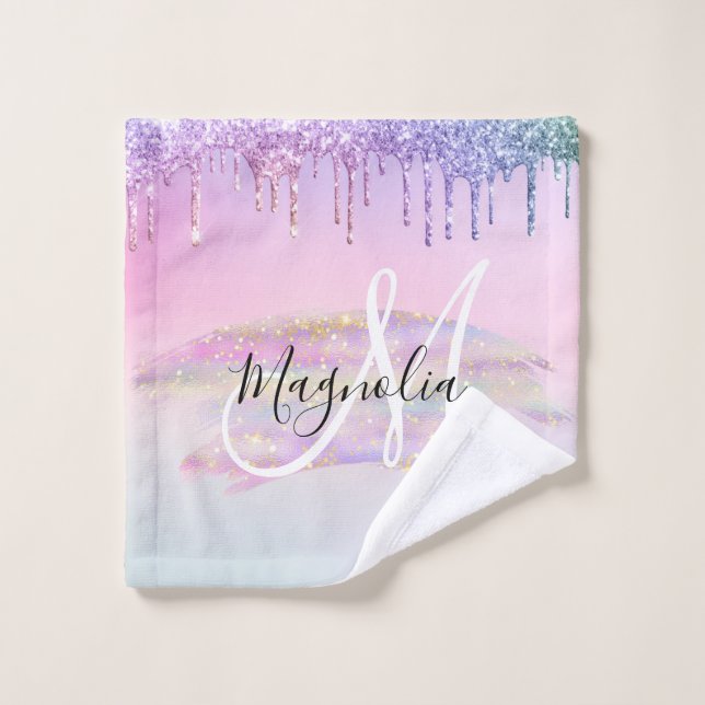 Glam Rainbow Unicorn Ombre Glitter Pink Monogram Wash Cloth (Wash Cloth)