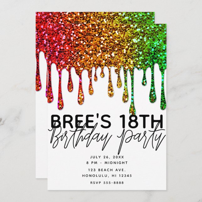 Glam Rasta Rainbow Glitter Drips Birthday Party Invitation (Front/Back)