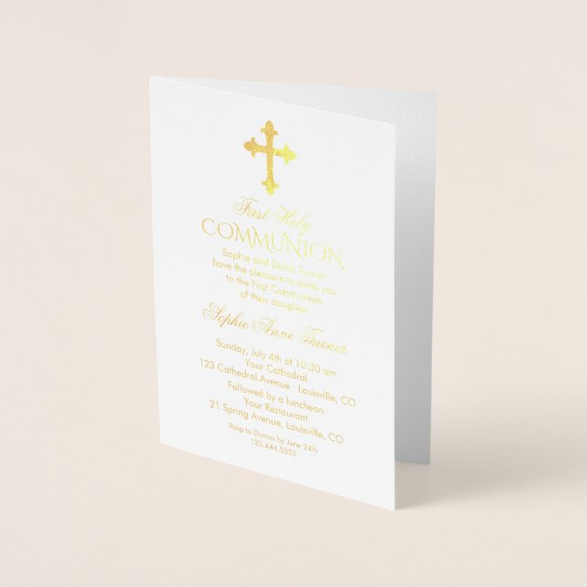 Glam Real Gold Foil Girl First Holy Communion Card (Front)